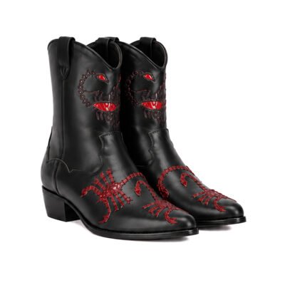 Scorpion Spell black pure calf leather Western boot with red scorpion embroidery and leather sole by ShoeBespoke