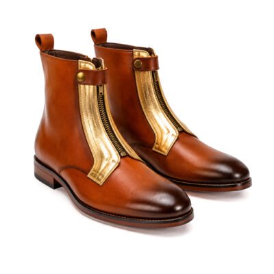 Gold Chain Tan Chelsea Boots in premium leather with gold detailing and leather anti-skid sole by ShoeBespoke