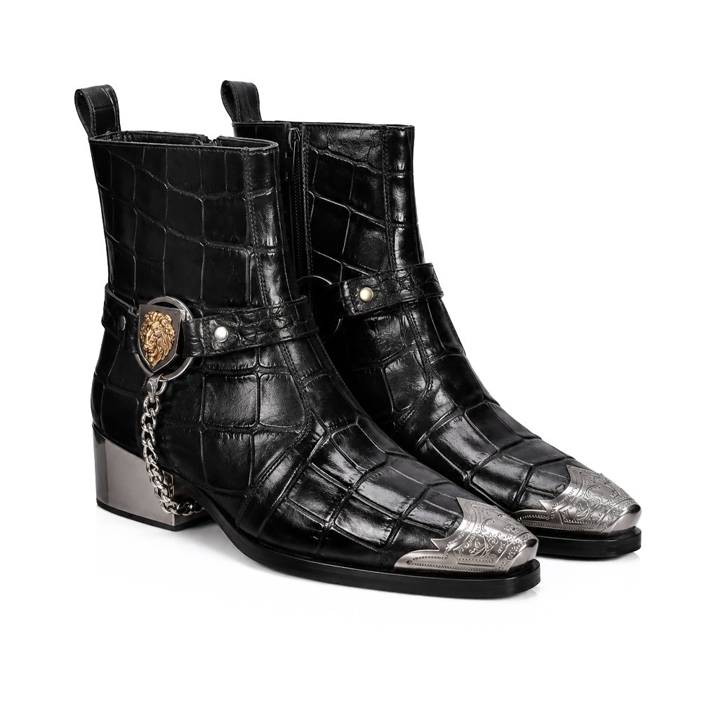Zane Croc Leather Lion Harness Boot in black croc embossed leather with lion harness chain and engraved metal toe cap.