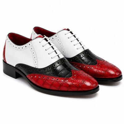 Sterling Tricolor Brogue Oxford handcrafted in red and black croc-embossed leather with smooth white leather and classic wingtip brogue detailing.