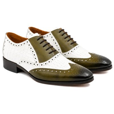 Aspen Olive & White Brogue Oxford handcrafted in olive leather and white croc-embossed leather with classic wingtip brogue detailing.