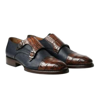 Kensington Croc Double Monk by Shoe Bespoke handcrafted in navy blue textured pure calf leather with brown croc-textured leather and wood sole