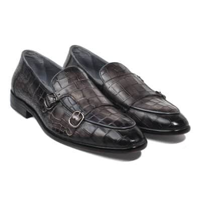 Charcoal Grey Double Monk by Shoe Bespoke handcrafted croc-textured calf leather shoes with double monk straps and wood sole.