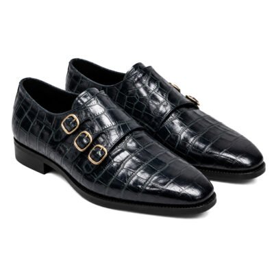 Windsor dark green croc-textured triple monk leather shoes with gold buckles