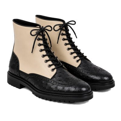 Handcrafted black ostrich leather and beige plain leather lace-up boot with durable rubber sole by Shoe Bespoke.