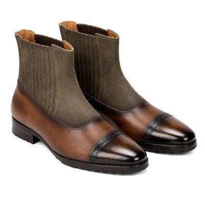 Shoe Bespoke Monarch Terrain brown leather and olive suede Chelsea boots with brogue cap toe and anti-skid sole
