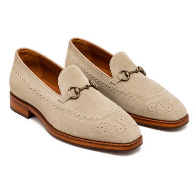 Shoe Bespoke Sable beige suede horsebit brogue loafers with wood-tone anti-skid sole