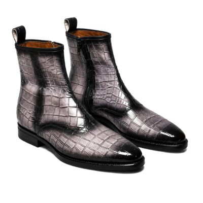 ShoeBespoke Sterling croc texture calf leather zip boots with leather sole