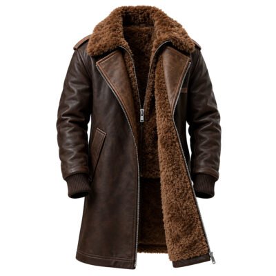 Mitch Luxury Everest Shearling Long Leather Coat in rich brown pure sheep leather with plush shearling lining
