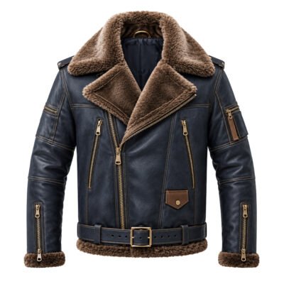 Kingsley Shearling Leather Jacket by Mitch Luxury in pure sheep leather with brown shearling collar and cuffs