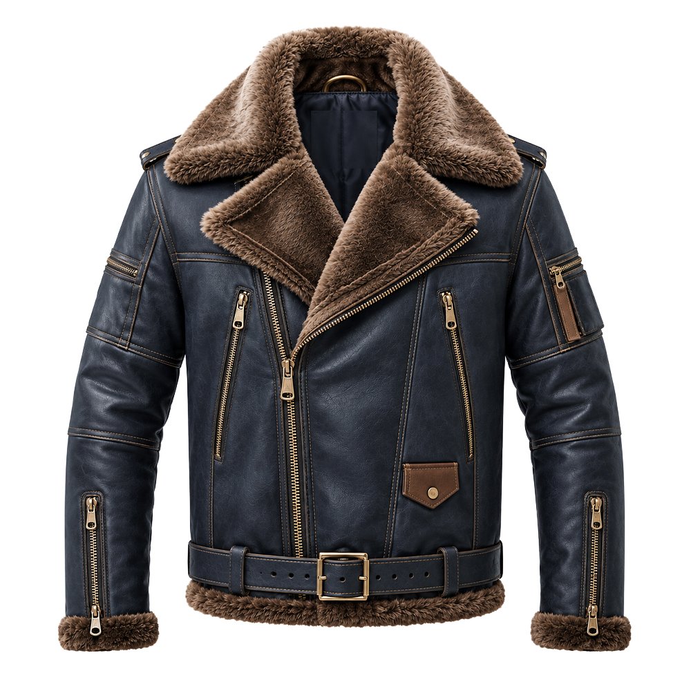 Kingsley Shearling Leather Jacket by Mitch Luxury in pure sheep leather with brown shearling collar and cuffs