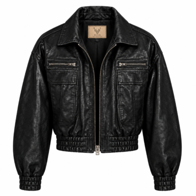Women’s black leather bomber jacket front angle view