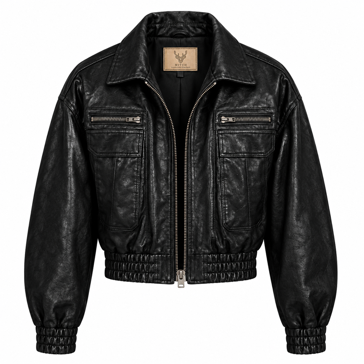 Women’s black leather bomber jacket front angle view