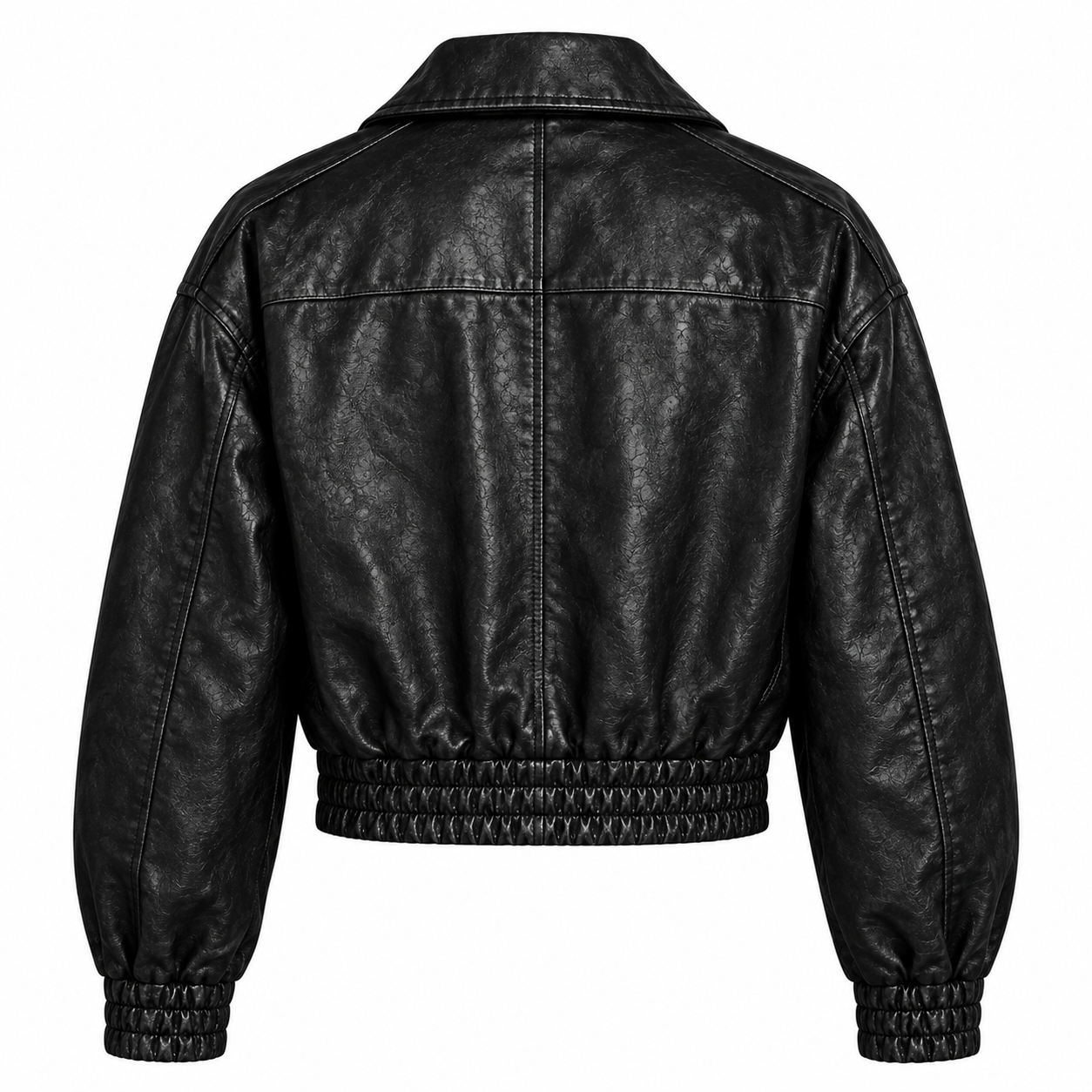 Women’s black leather bomber jacket back angle view