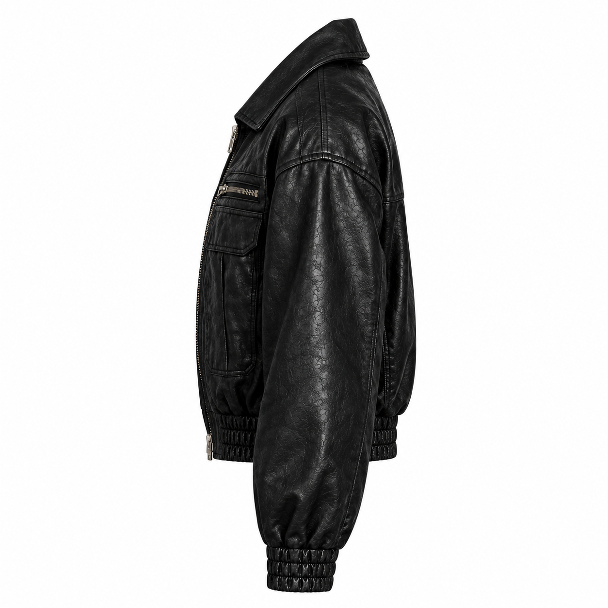 Women’s black leather bomber jacket side view