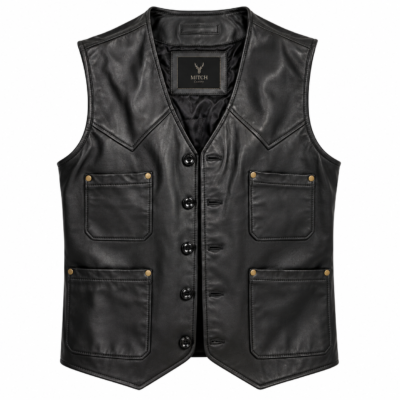 Weston Black Leather Vest men's western leather vest front view
