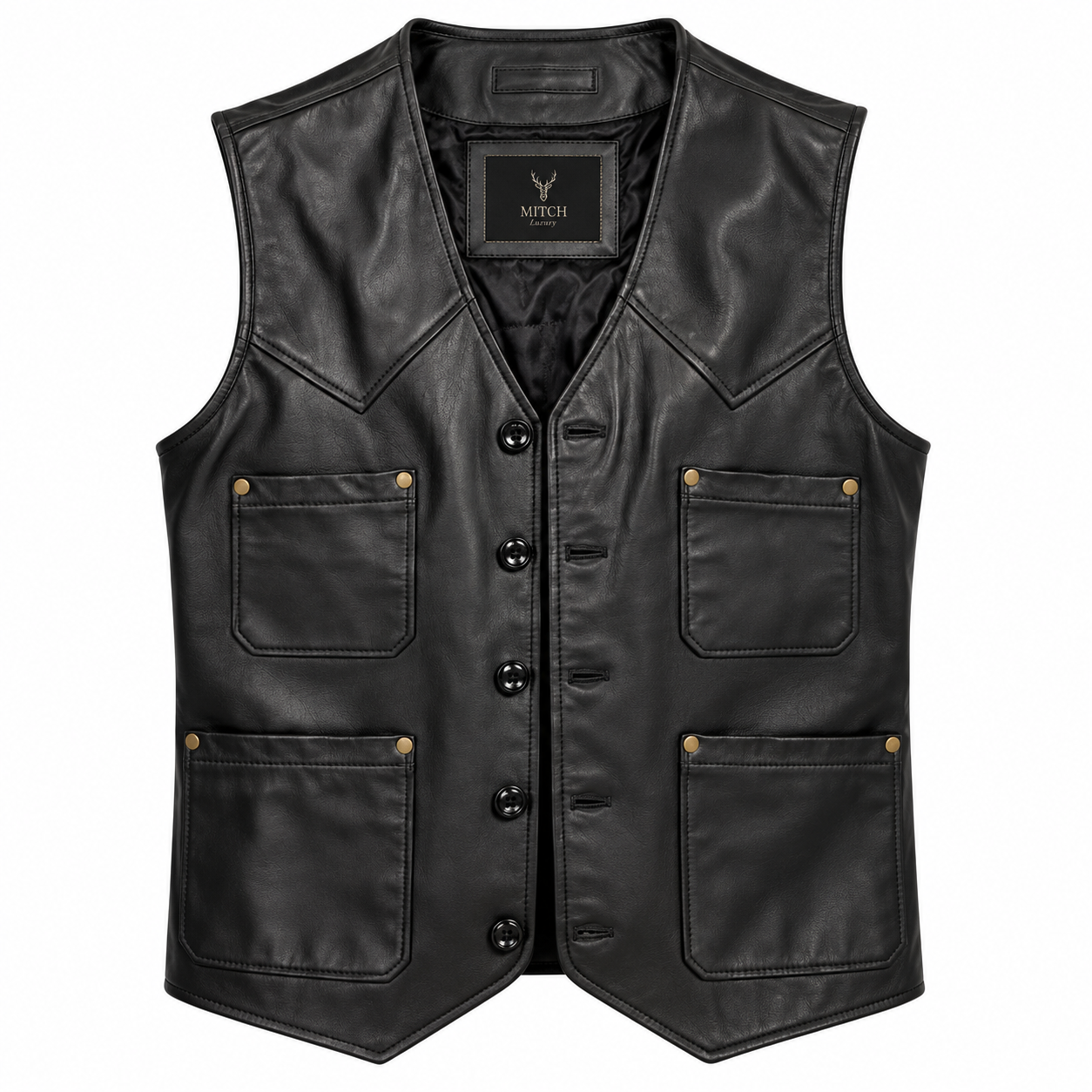 Weston Black Leather Vest men's western leather vest front view
