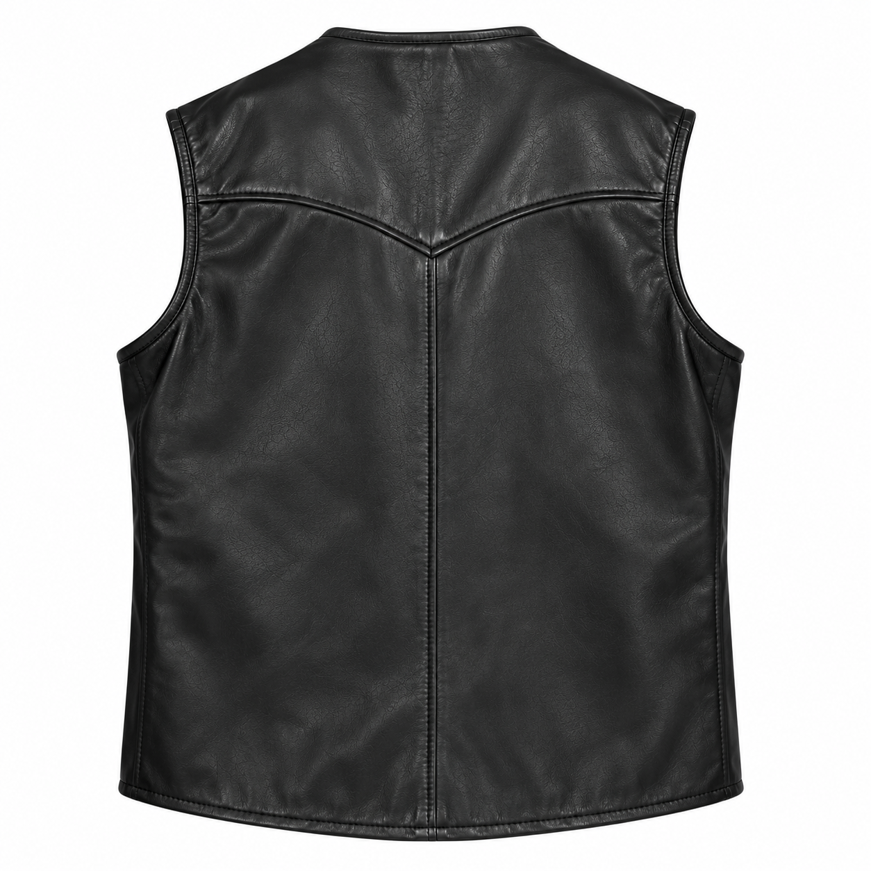 Weston Black Leather Vest back view showing western V-shaped yoke