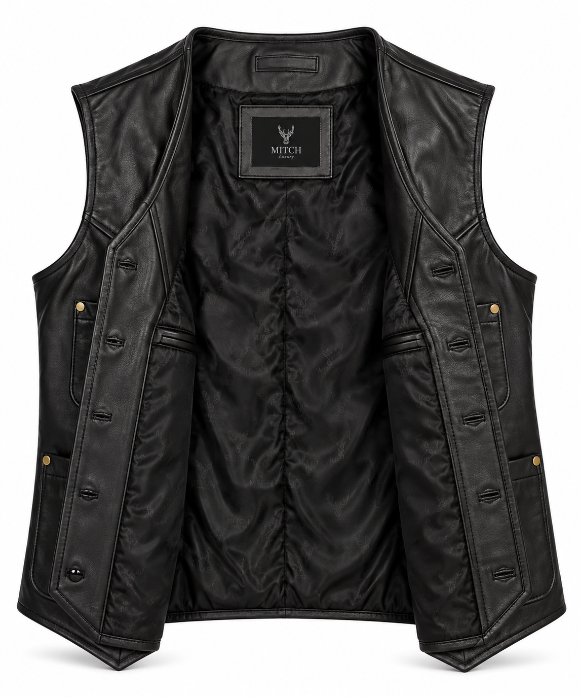 Weston Black Leather Vest open front view showing leather lining and inner pockets