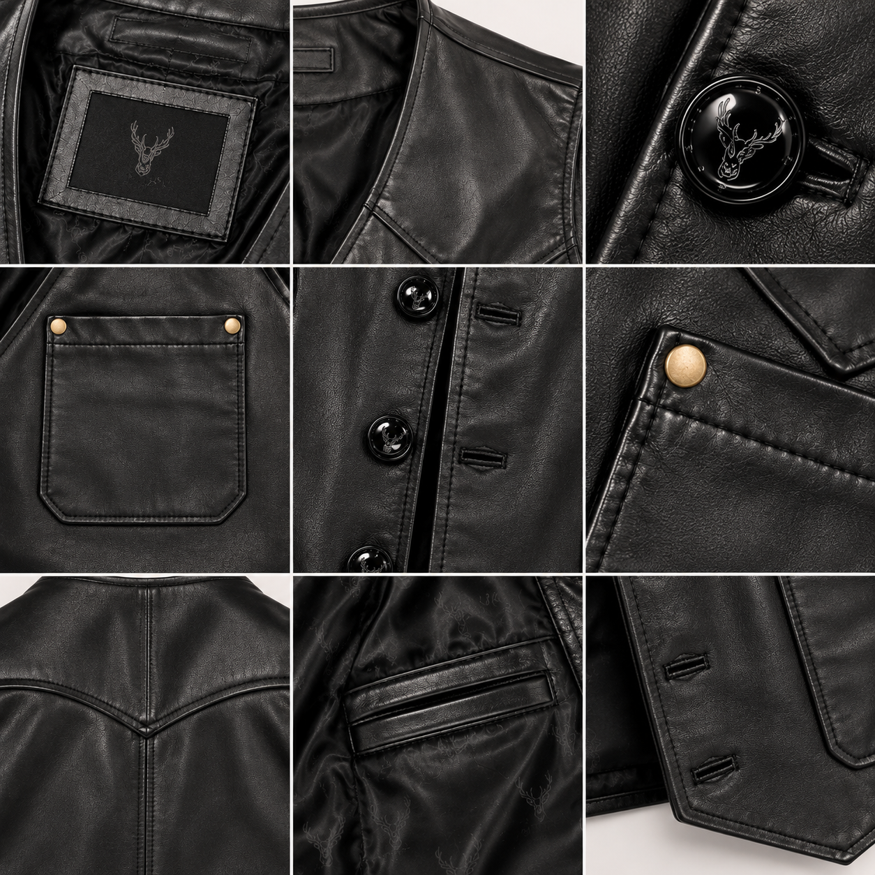 Weston Black Leather Vest close-up showing leather texture, stitching and pocket rivets