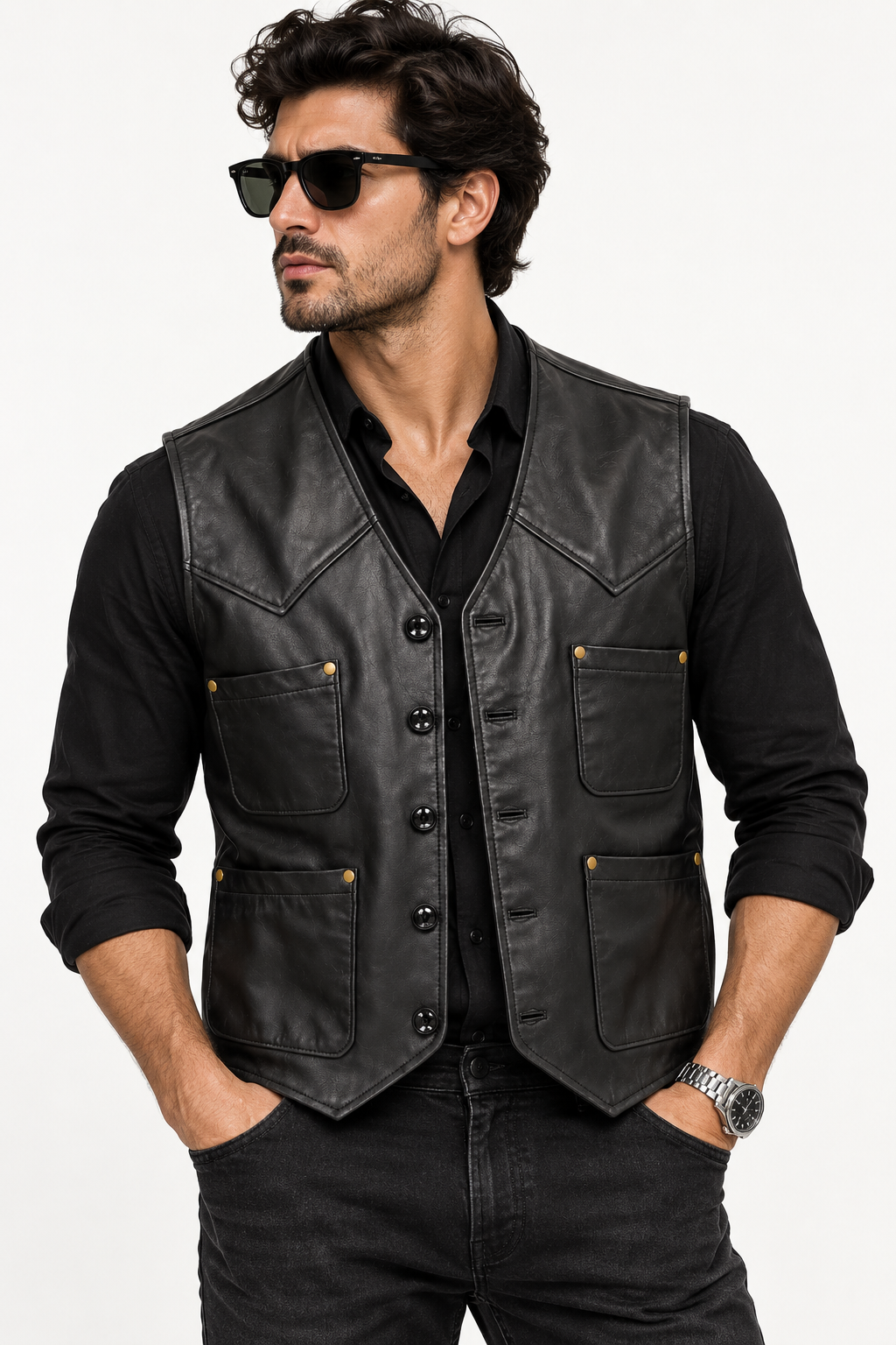 Male model wearing Weston Black Leather Vest with black shirt and jeans