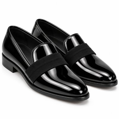 Black Patent Evening Tuxedo in glossy finish, front three-quarter view
