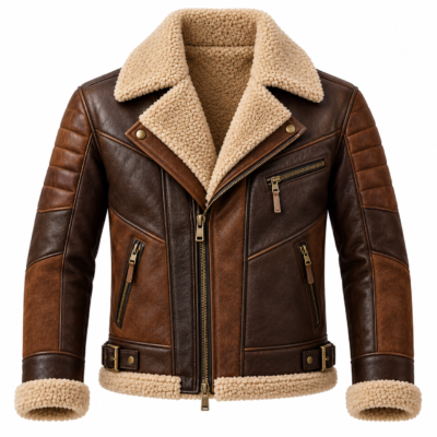 Spade shearling leather jacket in a front three-quarter view, featuring a wide shearling collar, asymmetric zipper, quilted sleeves and multiple zip pockets.