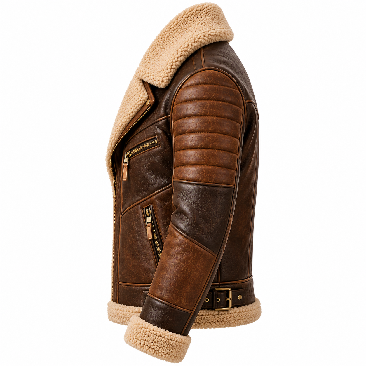 Side view of the Spade brown leather shearling jacket showing the quilted sleeve construction, leather panels, zip pockets, waist strap and shearling-trimmed hem.