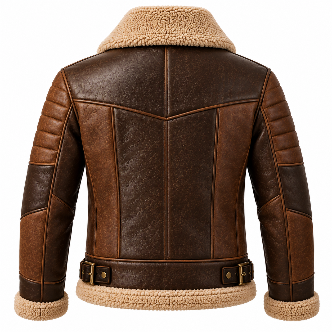 Back view of the Spade brown shearling leather jacket showing the structured leather panel design, quilted sleeves, waist belt and shearling-trimmed hem.