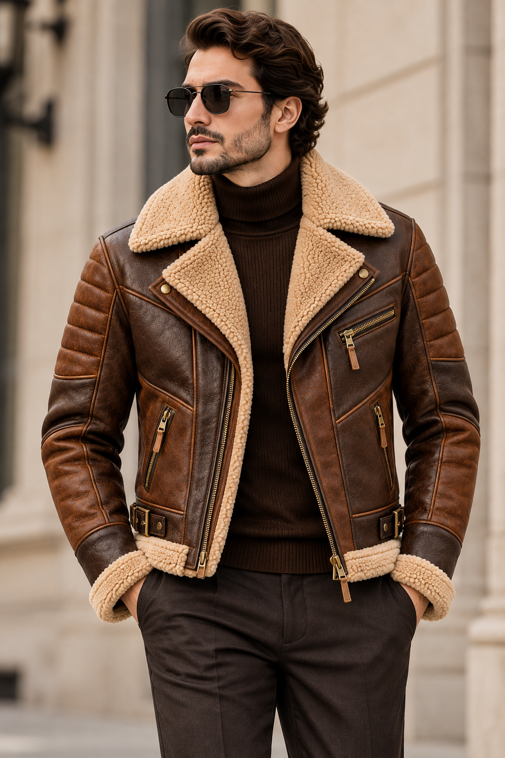 Male model wearing the Spade brown shearling leather jacket with its wide shearling collar, asymmetric zipper, quilted sleeves and zippered pockets.
