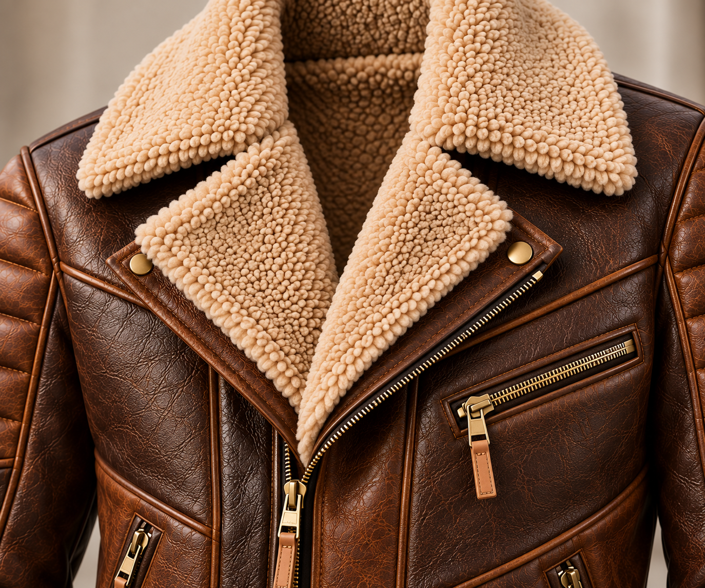 Close-up view of the plush shearling collar and textured brown leather detailing on the Spade men’s leather jacket.