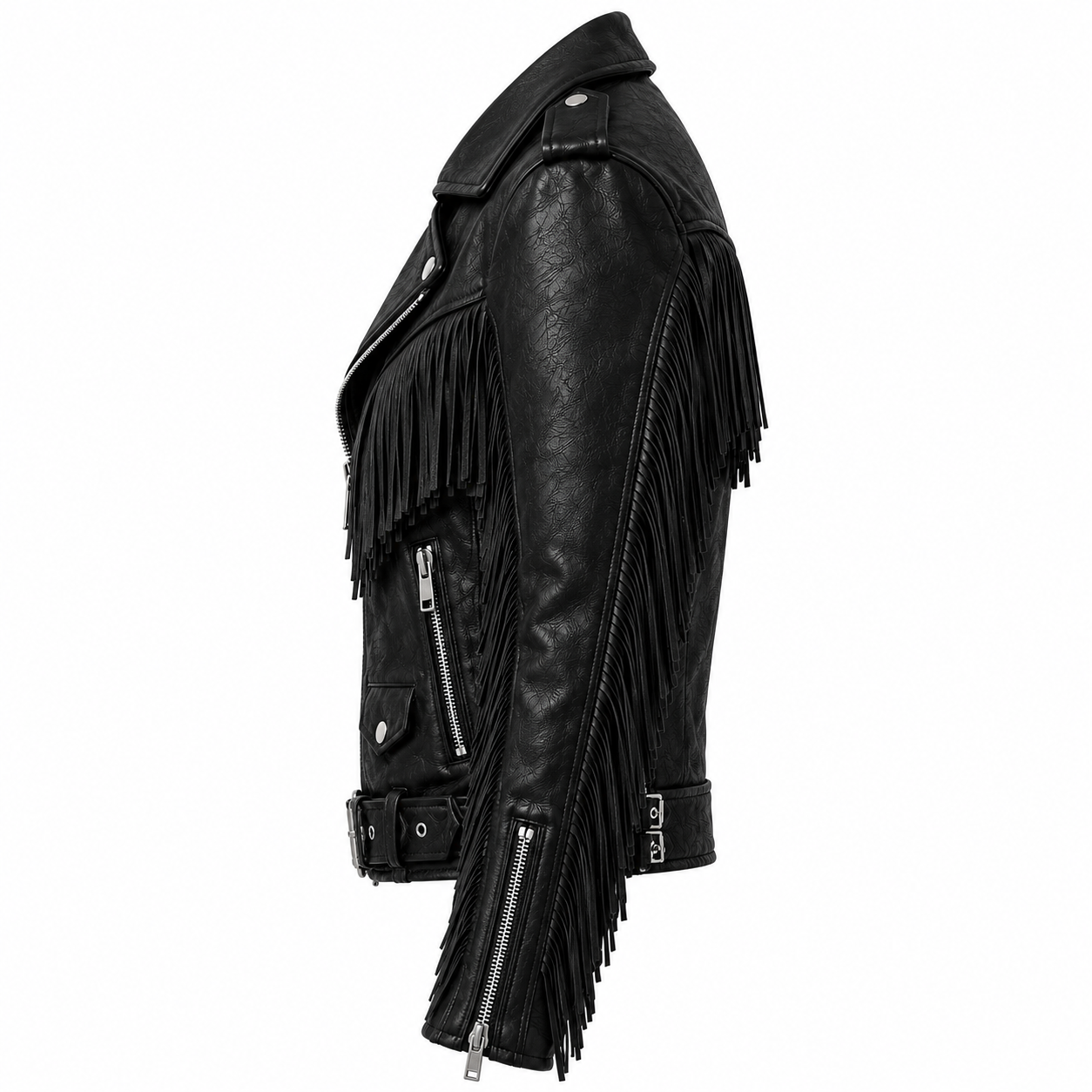 Side view of Black Rebel fringe biker jacket with belted waist and sleeve fringe