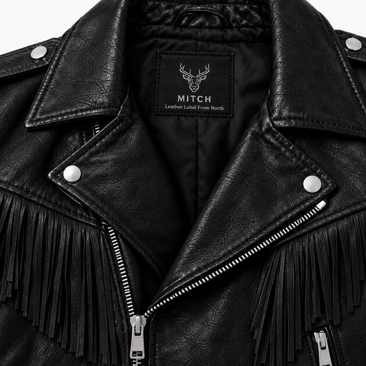 Close-up of Black Rebel fringe biker jacket zipper lapel and leather detailing
