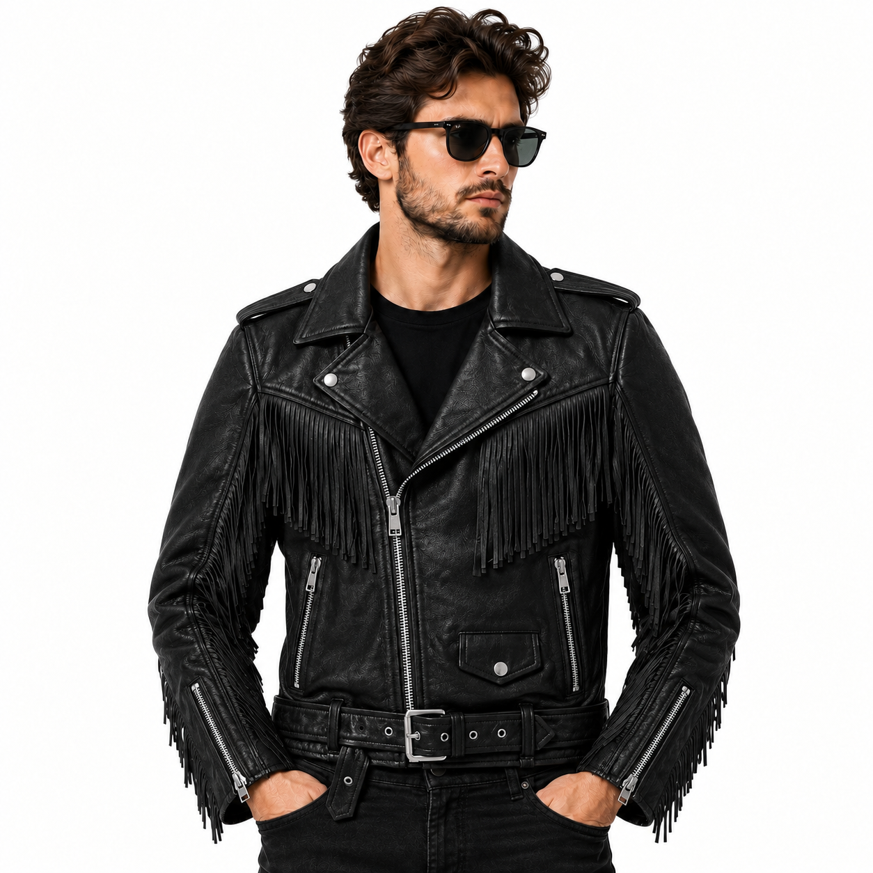 Man wearing Black Rebel black fringe leather biker jacket with belted waist