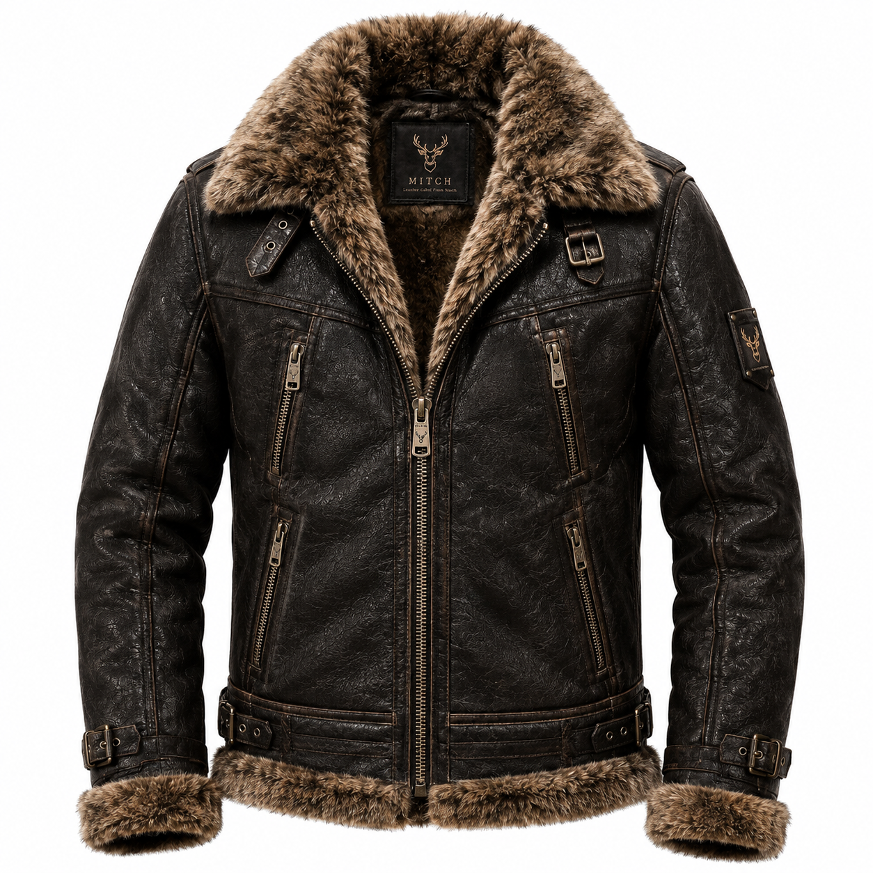 Mitch shearling leather jacket for men front view with distressed finish