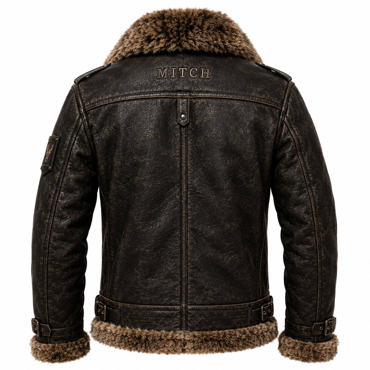 Mitch men's shearling leather jacket back view with distressed leather finish