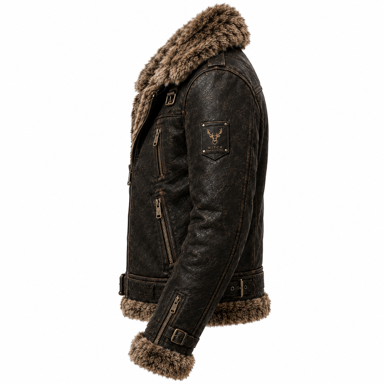 Side view of Mitch shearling leather biker jacket with buckle detailing