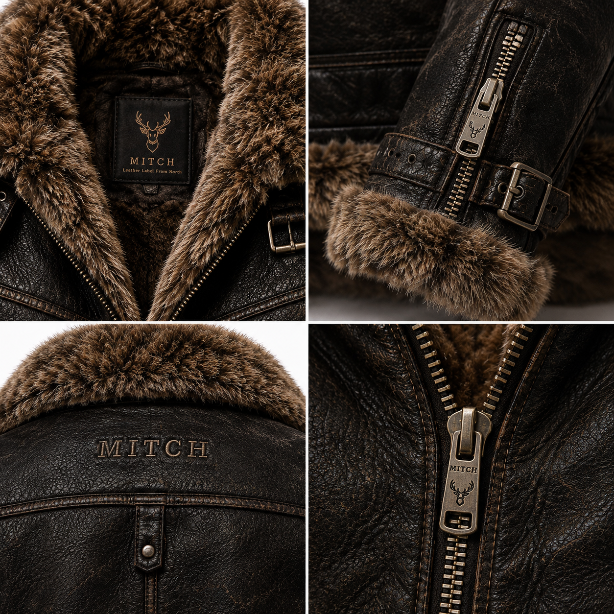 Close-up of Mitch shearling leather jacket collar zipper and distressed detailing
