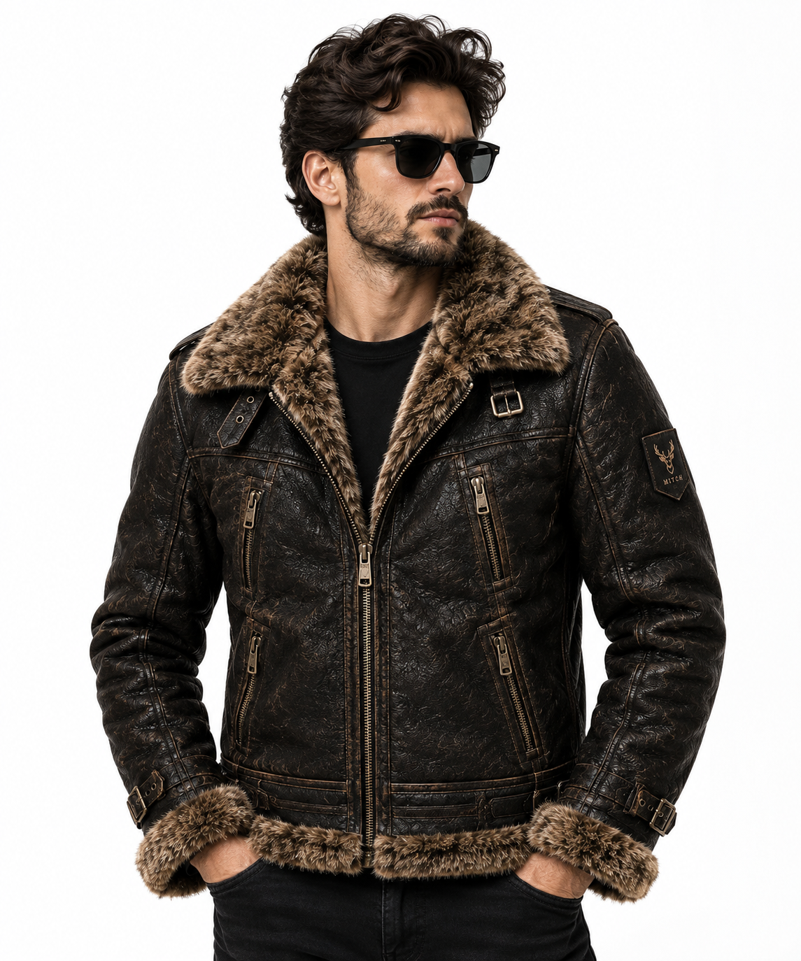 Man wearing Mitch shearling leather biker jacket with distressed leather finish