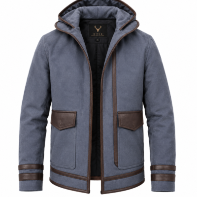 Highlander hooded blue grey leather jacket with brown trim front view