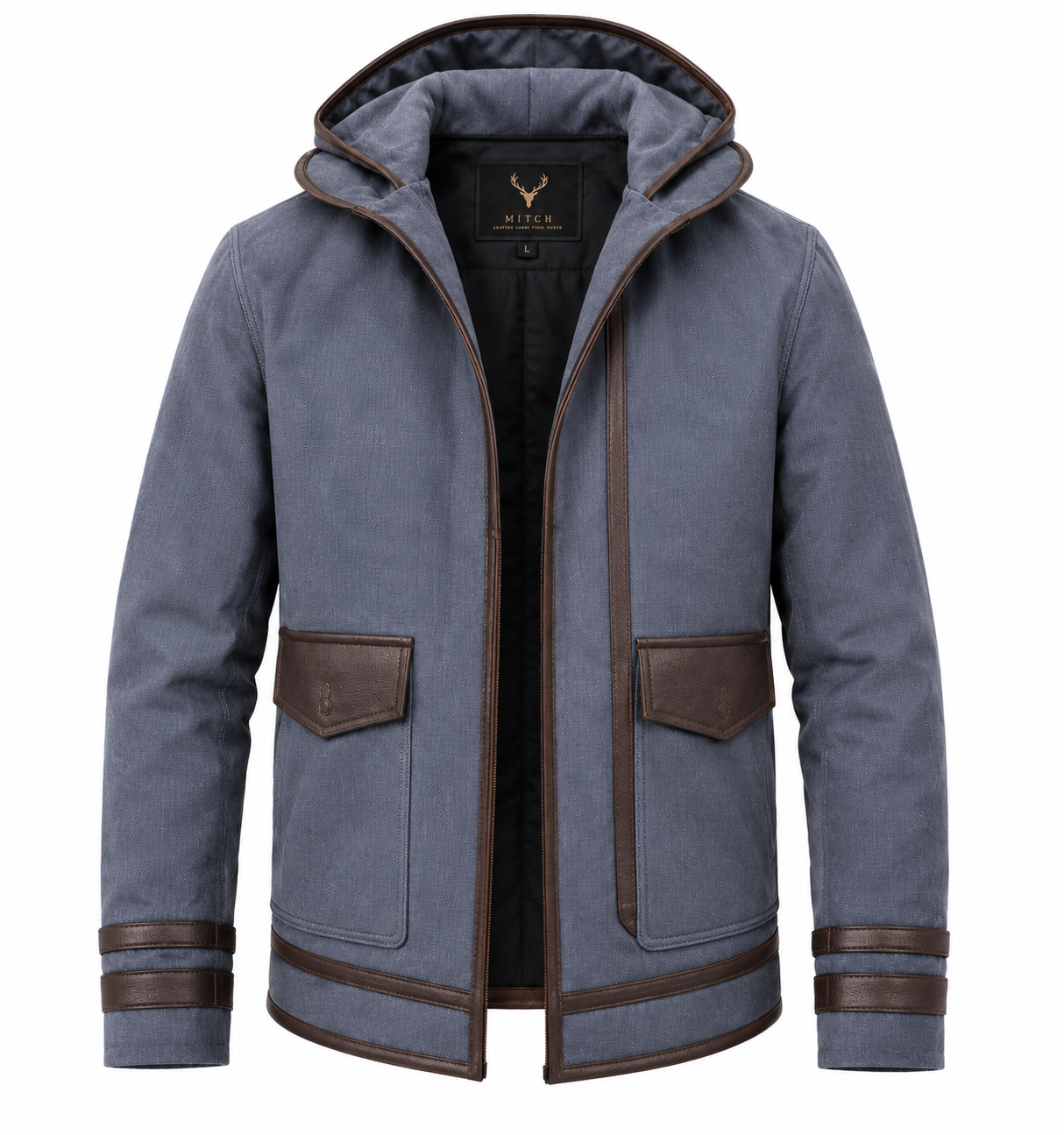 Highlander hooded blue grey leather jacket with brown trim front view