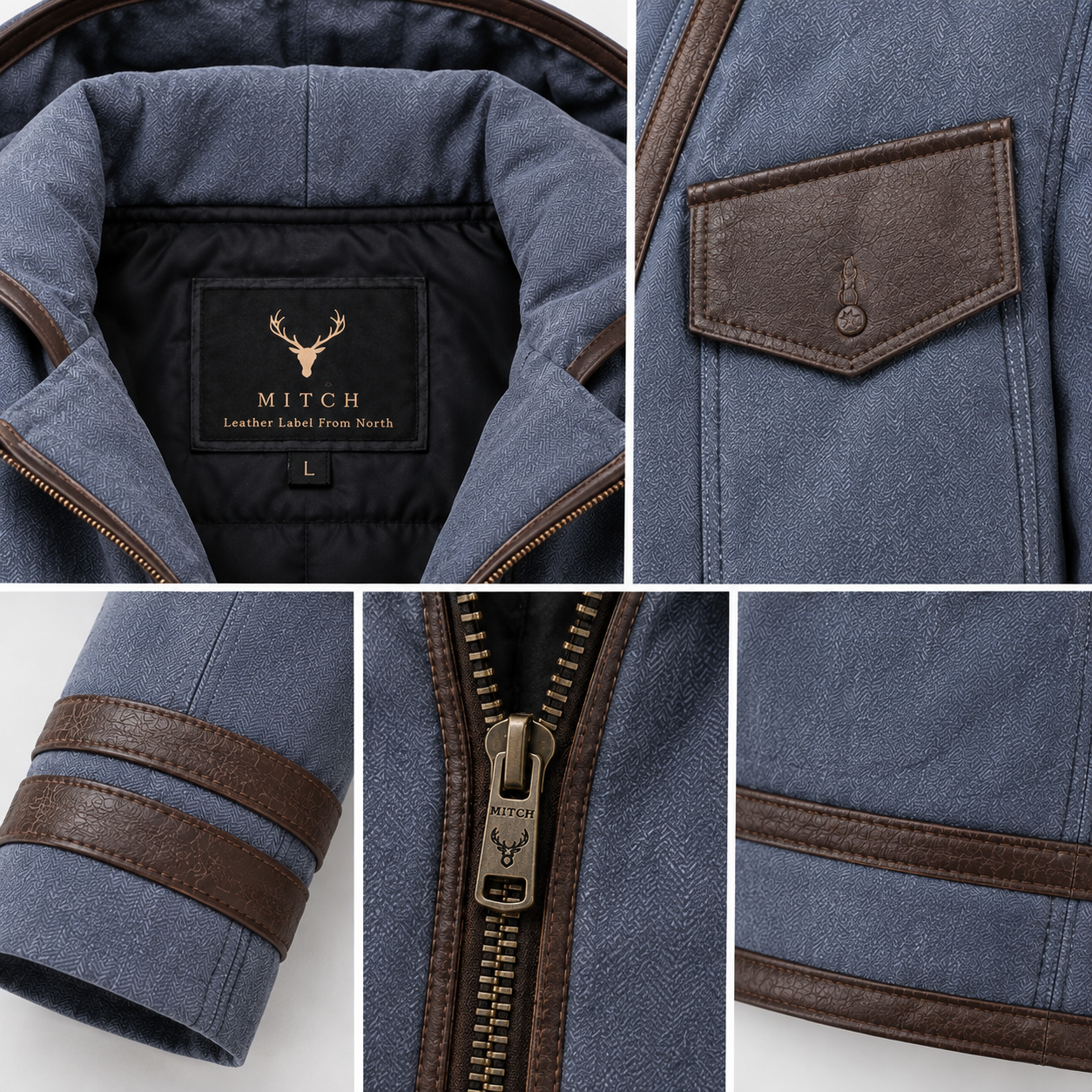 Close-up of Highlander leather jacket hood brown trim and detailed stitching