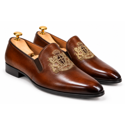 Kingston Tan Brown Jalsa men's embroidered leather slip-on front view
