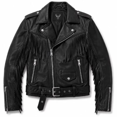 Black Rebel Fringe Biker Jacket front view with black leather and long fringe detailing