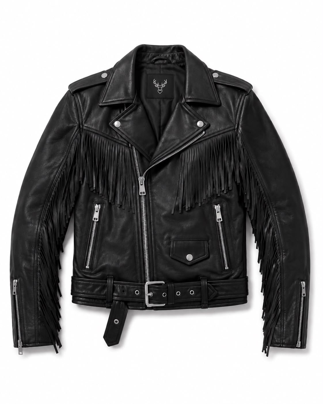 Black Rebel Fringe Biker Jacket front view with black leather and long fringe detailing