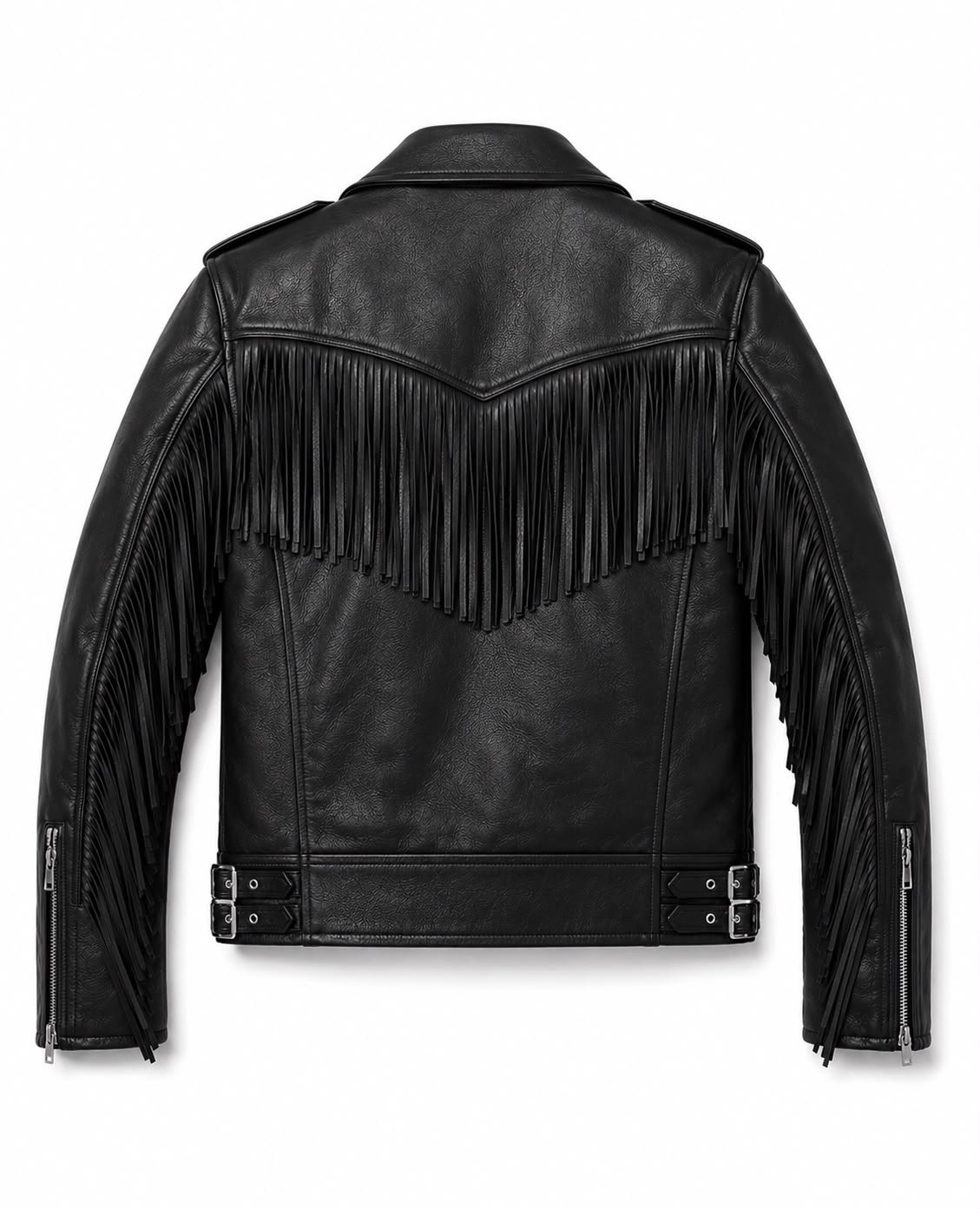 Black Rebel black fringe leather biker jacket back view