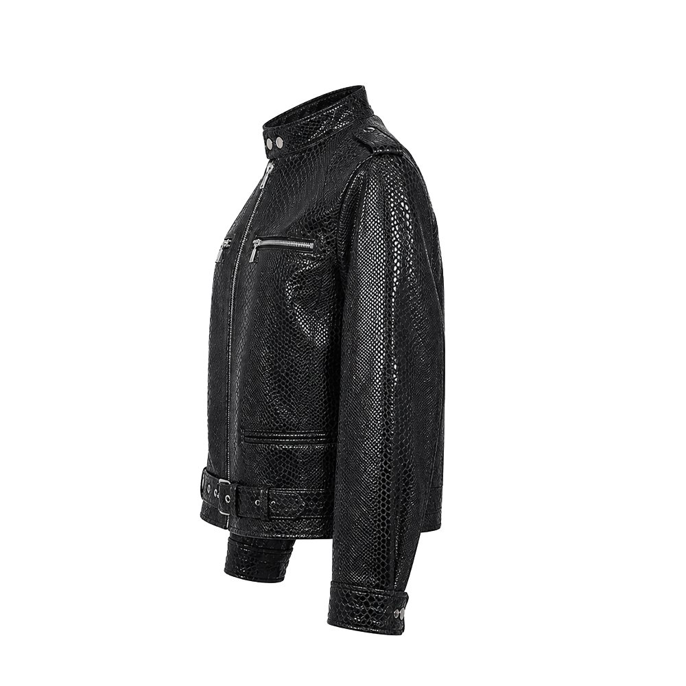 Black python foil leather bespoke jacket by Mitch Luxury with textured finish, silver zippers, shoulder epaulettes, and waist belt.