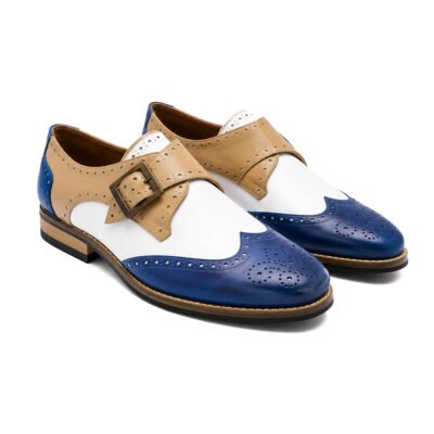 Windsor two-tone navy and tan calf leather single monk shoes
