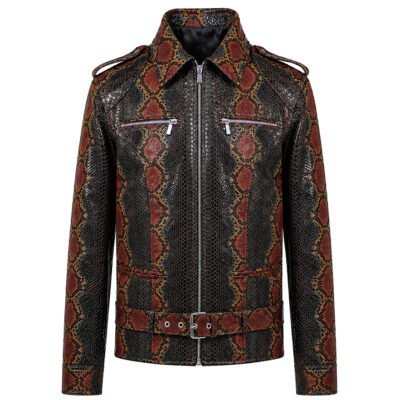 Inferno Python Leather Jacket by Mitch Luxury in black, brown and burnt orange python-pattern leather with zip pockets, shoulder epaulettes and waist belt.