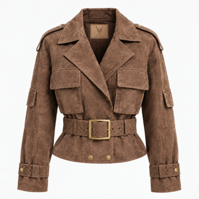 Women Brown Faux Leather Belted Jacket Front View